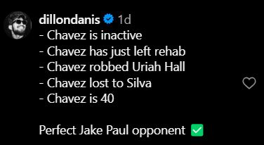 Dillon Danis's comment on @fullviolence Instagram post about Jake Paul vs. Julio Cesar Chavez Jr.