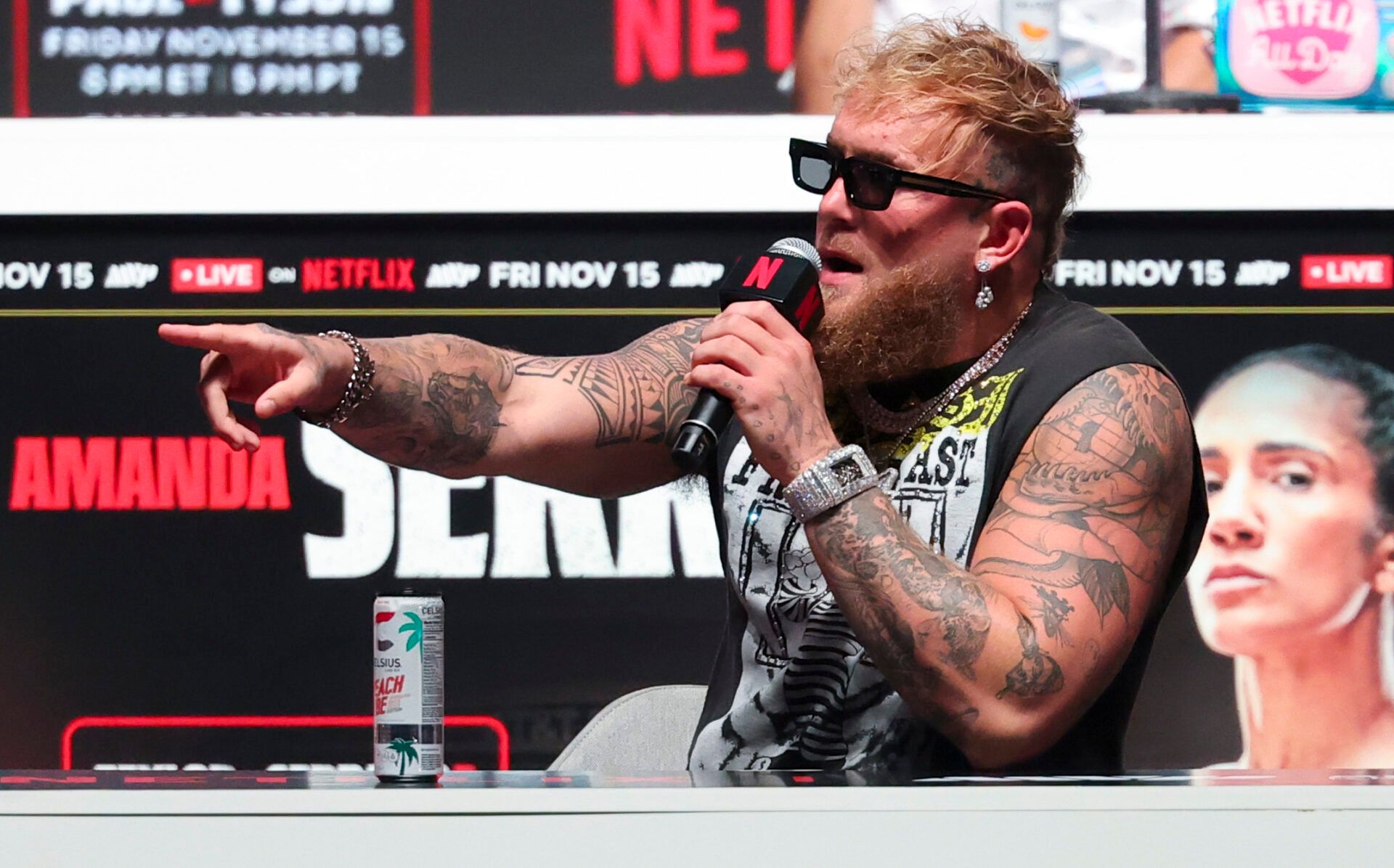 Nov 13, 2024; Irving, TX, USA; Jake Paul speaks to the media about his upcoming fight with Mike Tyson at The Pavilion at Toyota Music Factory. Mandatory Credit: Kevin Jairaj-Imagn Images