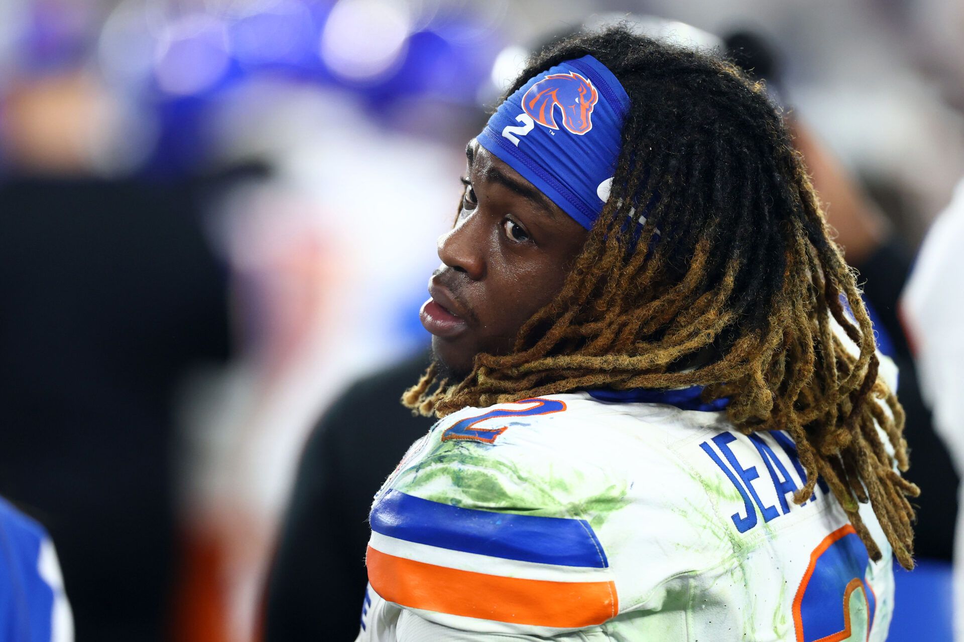 Dec 31, 2024; Glendale, AZ, USA; Boise State Broncos running back Ashton Jeanty (2) reacts after the game against the Penn State Nittany Lions in the Fiesta Bowl at State Farm Stadium. Mandatory Credit: Mark J. Rebilas-Imagn Images
