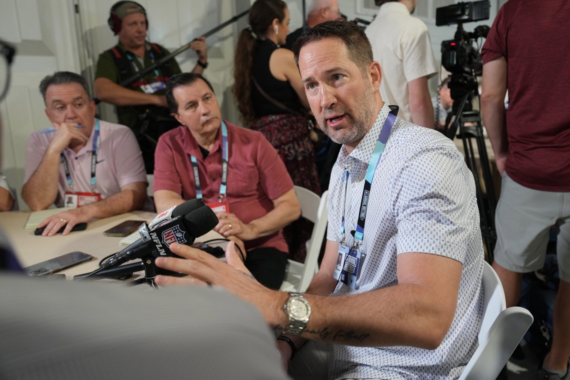 Apr 1, 2025; Palm Beach, FL, USA; Dallas Cowboys head coach Brian Schottenheimer answers questions from the media during the NFL Annual League Meeting at The Breakers. Mandatory Credit: Jim Rassol-Imagn Images