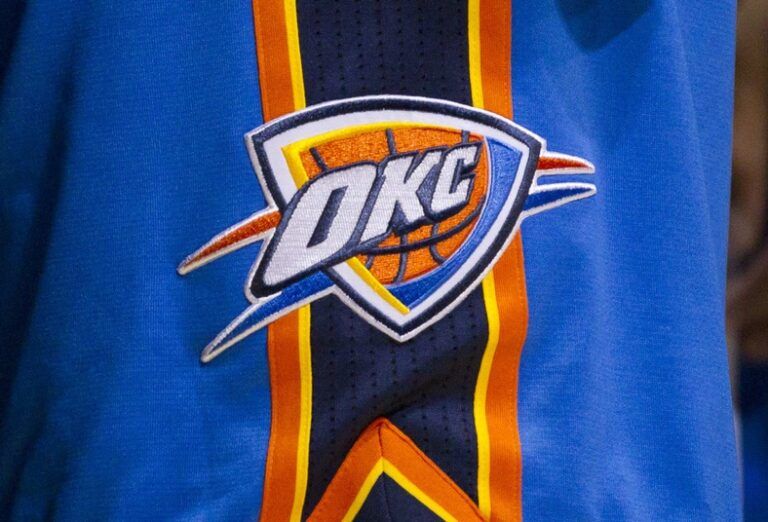 Oklahoma City Thunder logo on a players shorts during the game against the Milwaukee Bucks at the Bradley Center. The Thunder defeated the Bucks 82-81.