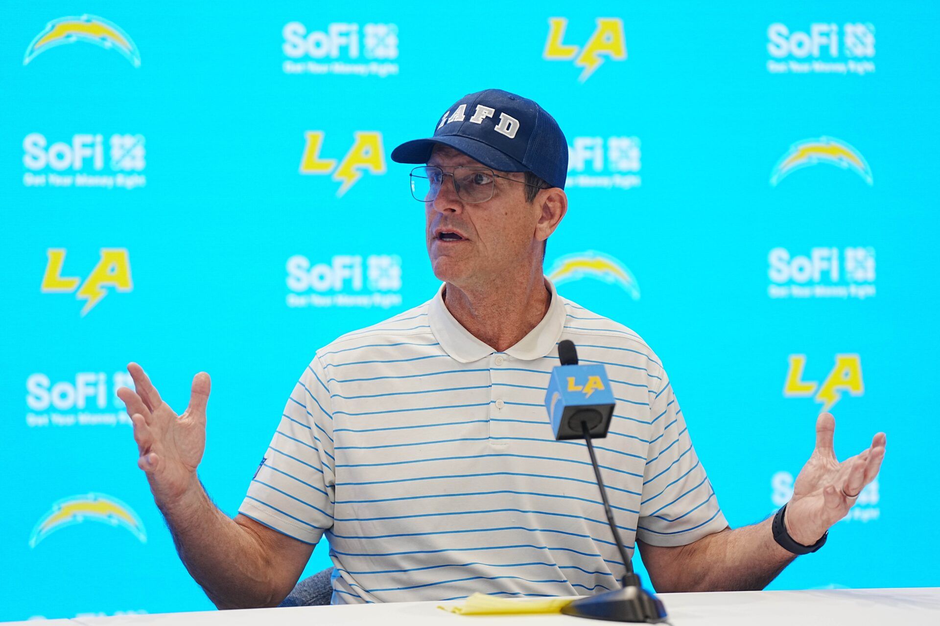 Los Angeles Chargers coach Jim Harbaugh at a press conference at The Bolt.