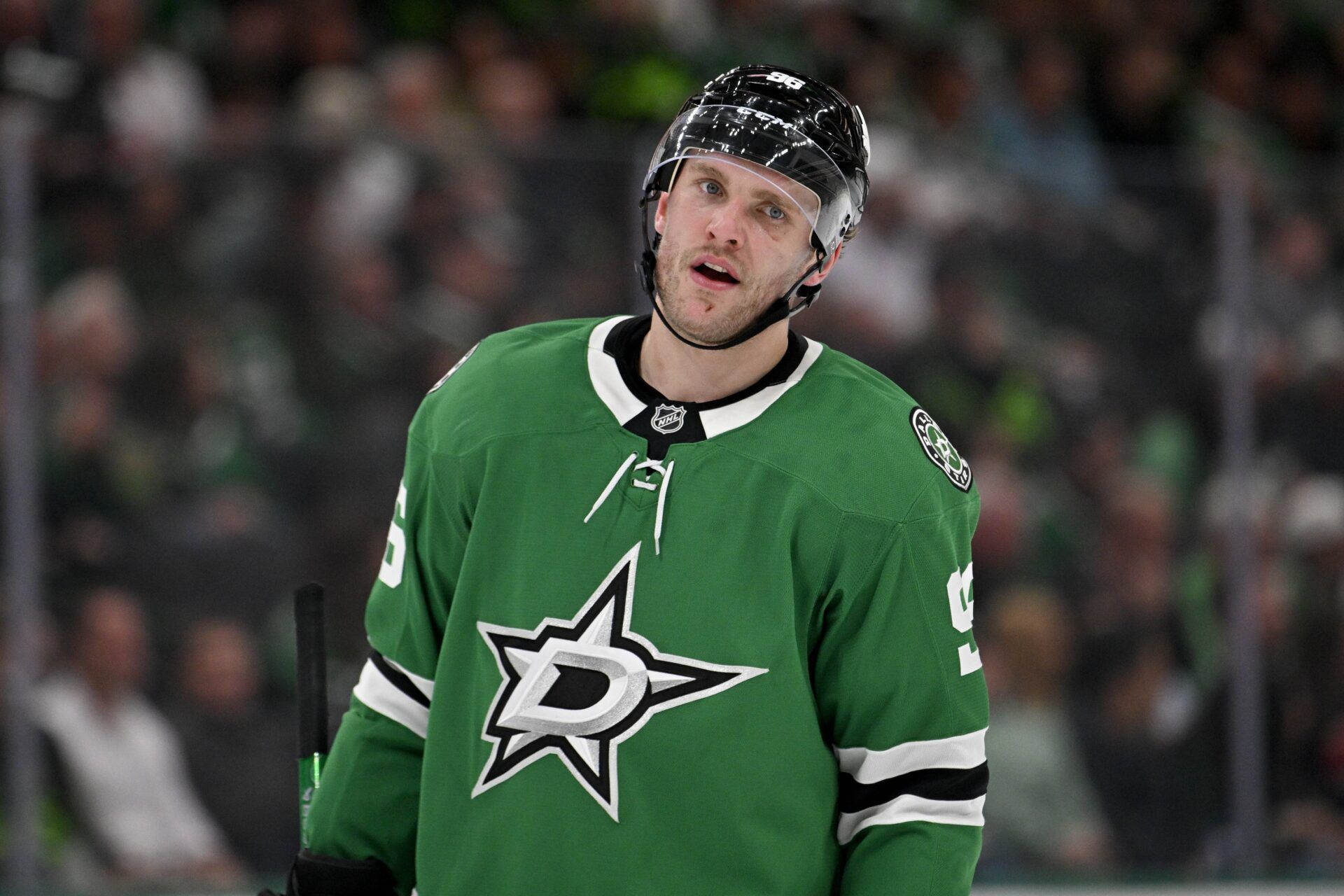 Dallas Stars right wing Mikko Rantanen (96) looks on during the second period against the Vancouver Canucks at the American Airlines Center.