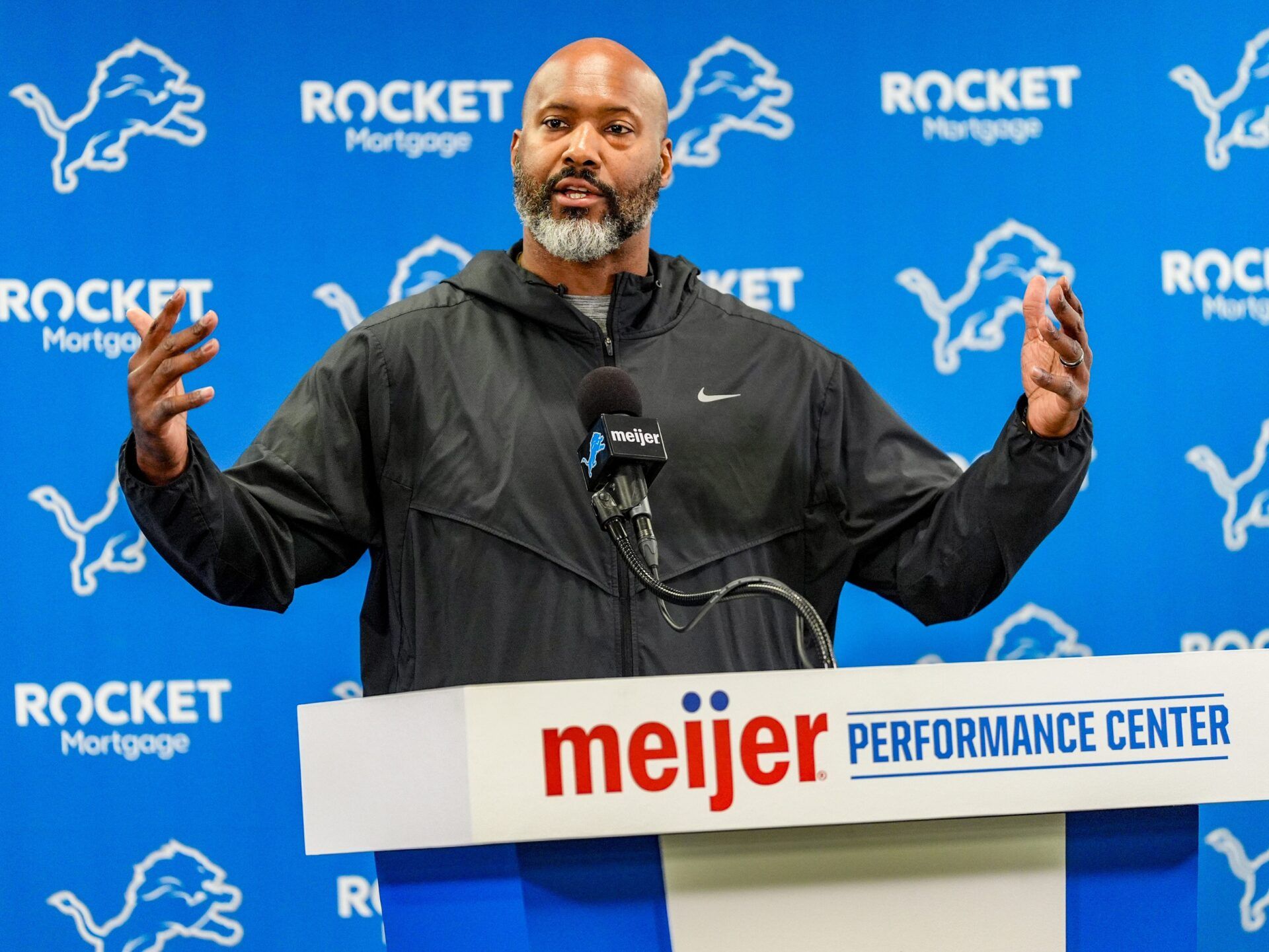 Detroit Lions Executive Vice President & General Manager Brad Holmes speaks to the press about their season, how it ended and what’s next at the Detroit Lions headquarters and training facility in Allen Park, Mich., Thursday, Jan. 23, 2025.