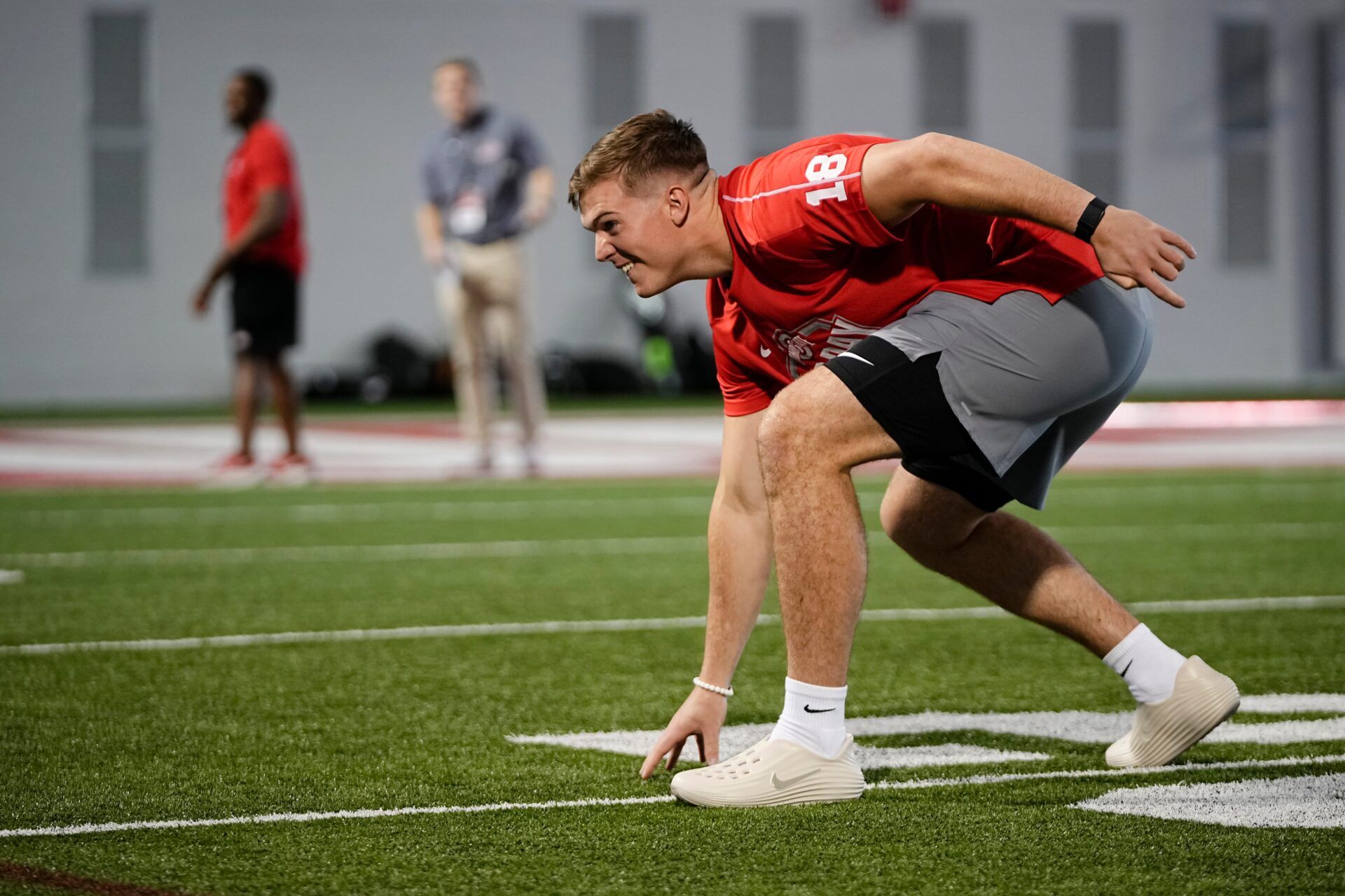 Ohio State Buckeyes quarterback Will Howard warms up for his pro day workout in front of NFL scouts at the Woody Hayes Athletic Cente on March 26, 2025.