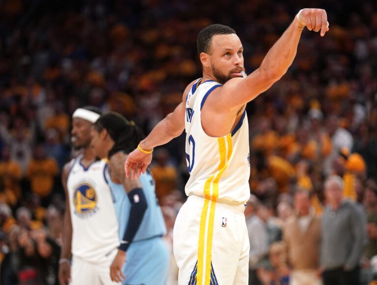 Apr 15, 2025; San Francisco, California, USA; Golden State Warriors guard Stephen Curry (30) reacts after making a free throw against the Memphis Grizzlies in the fourth quarter at the Chase Center. Mandatory Credit: Cary Edmondson-Imagn Images