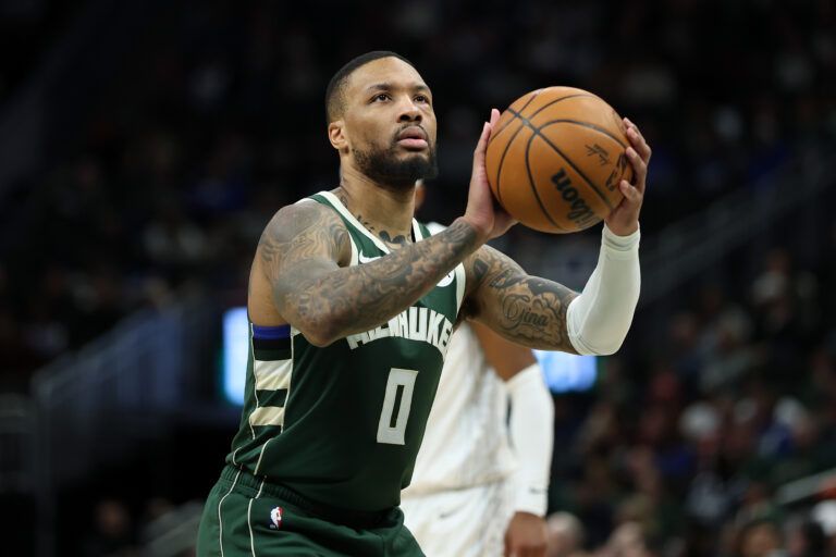 MILWAUKEE, WISCONSIN - MARCH 05: Damian Lillard #0 of the Milwaukee Bucks shoots a free throw during the first half of a game against the Dallas Mavericks at Fiserv Forum on March 05, 2025 in Milwaukee, Wisconsin. NOTE TO USER: User expressly acknowledges and agrees that, by downloading and or using this photograph, User is consenting to the terms and conditions of the Getty Images License Agreement. (Photo by Stacy Revere/Getty Images)