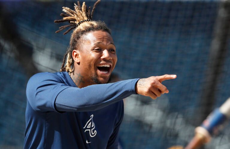 May 24, 2024; Pittsburgh, Pennsylvania, USA; Atlanta Braves right fielder Ronald Acuna Jr. (13) reacts on the field before the game against the Pittsburgh Pirates at PNC Park. Mandatory Credit: Charles LeClaire-USA TODAY Sports