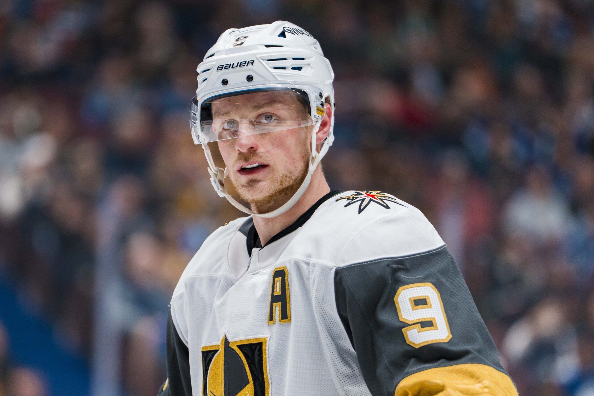 Vegas Golden Knights forward Jack Eichel (9) during a stop in play against the Vegas Golden Knights in the third period at Rogers Arena.