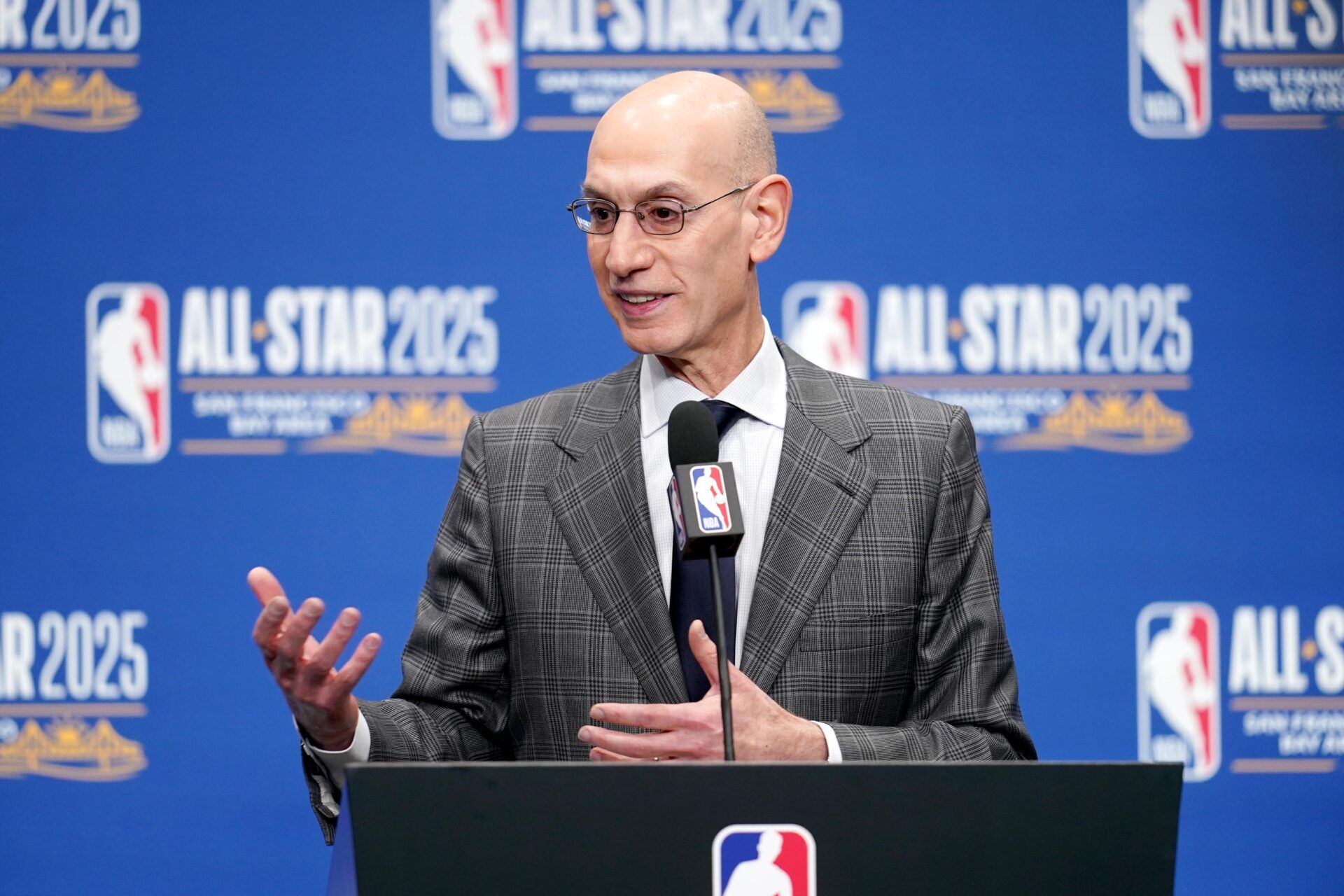 NBA commissioner Adam Silver speaks in a press conference during All Star Saturday Night ahead of the 2025 NBA All Star Game at Chase Center.