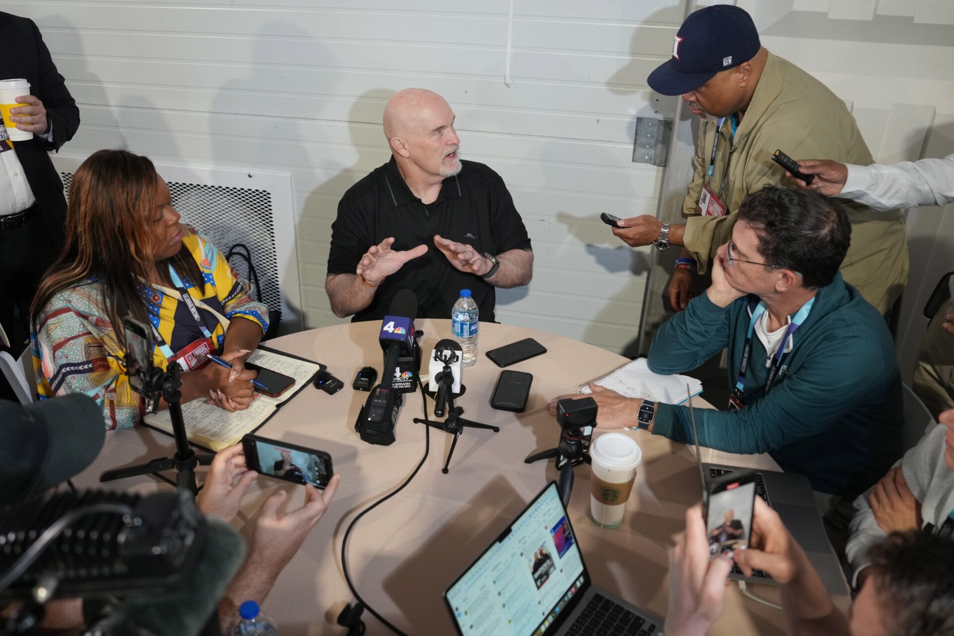Apr 1, 2025; Palm Beach, FL, USA; Washington Commanders head coach Dan Quinn answers questions from the media during the NFL Annual League Meeting at The Breakers. Mandatory Credit: Jim Rassol-Imagn Images