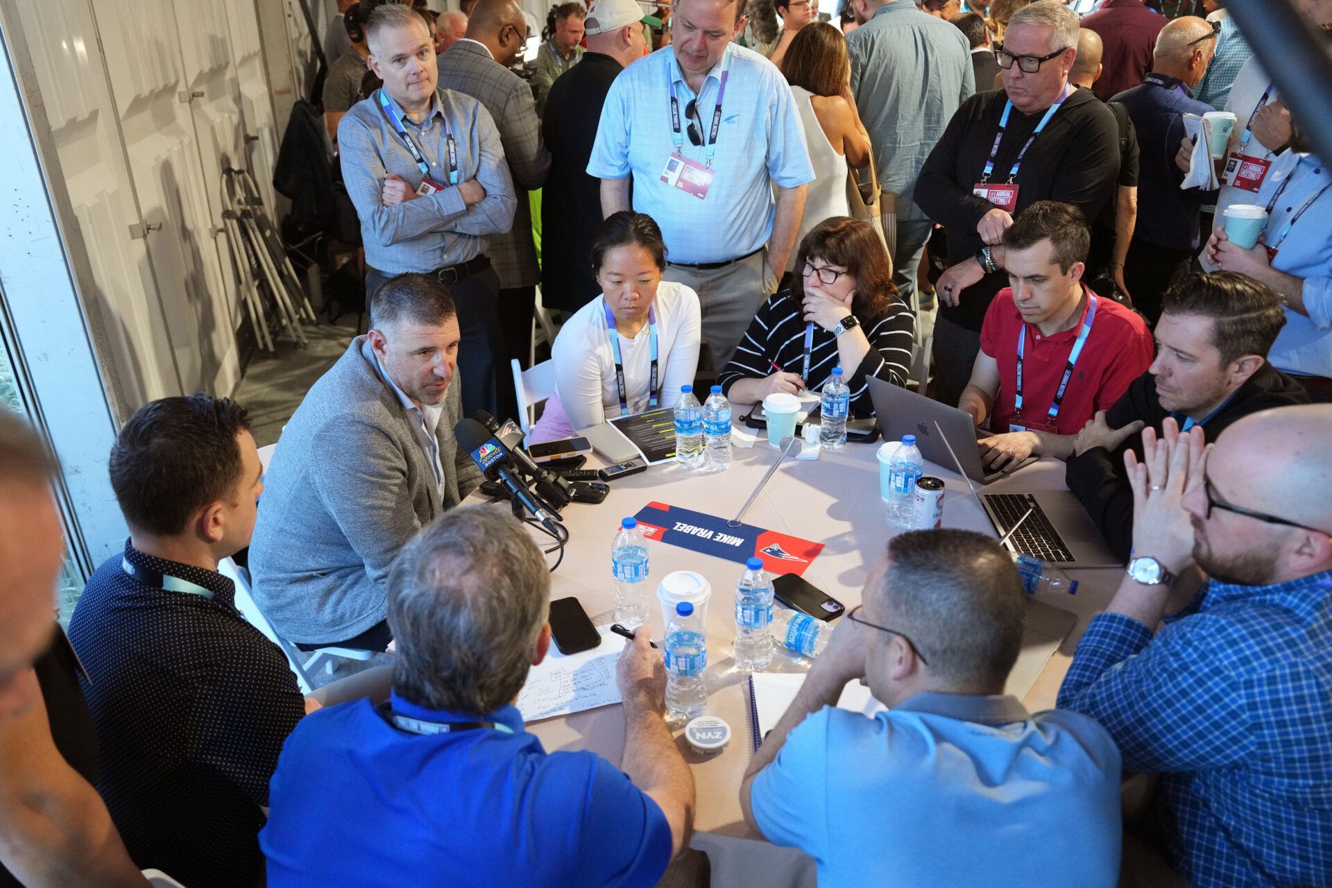 Mar 31, 2025; Palm Beach, FL, USA; New England Patriots head coach Mike Vrabel answers questions from the media during the NFL Annual League Meeting at The Breakers. Mandatory Credit: Jim Rassol-Imagn Images