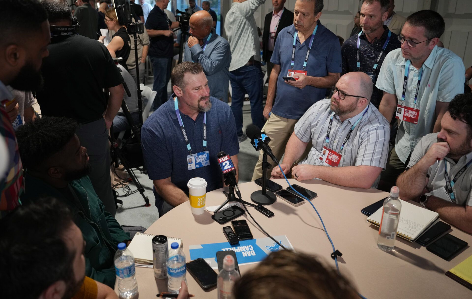 Apr 1, 2025; Palm Beach, FL, USA; Detroit Lions head coach Dan Campbell attends the NFL Annual League Meeting at The Breakers. Mandatory Credit: Jim Rassol-Imagn Images