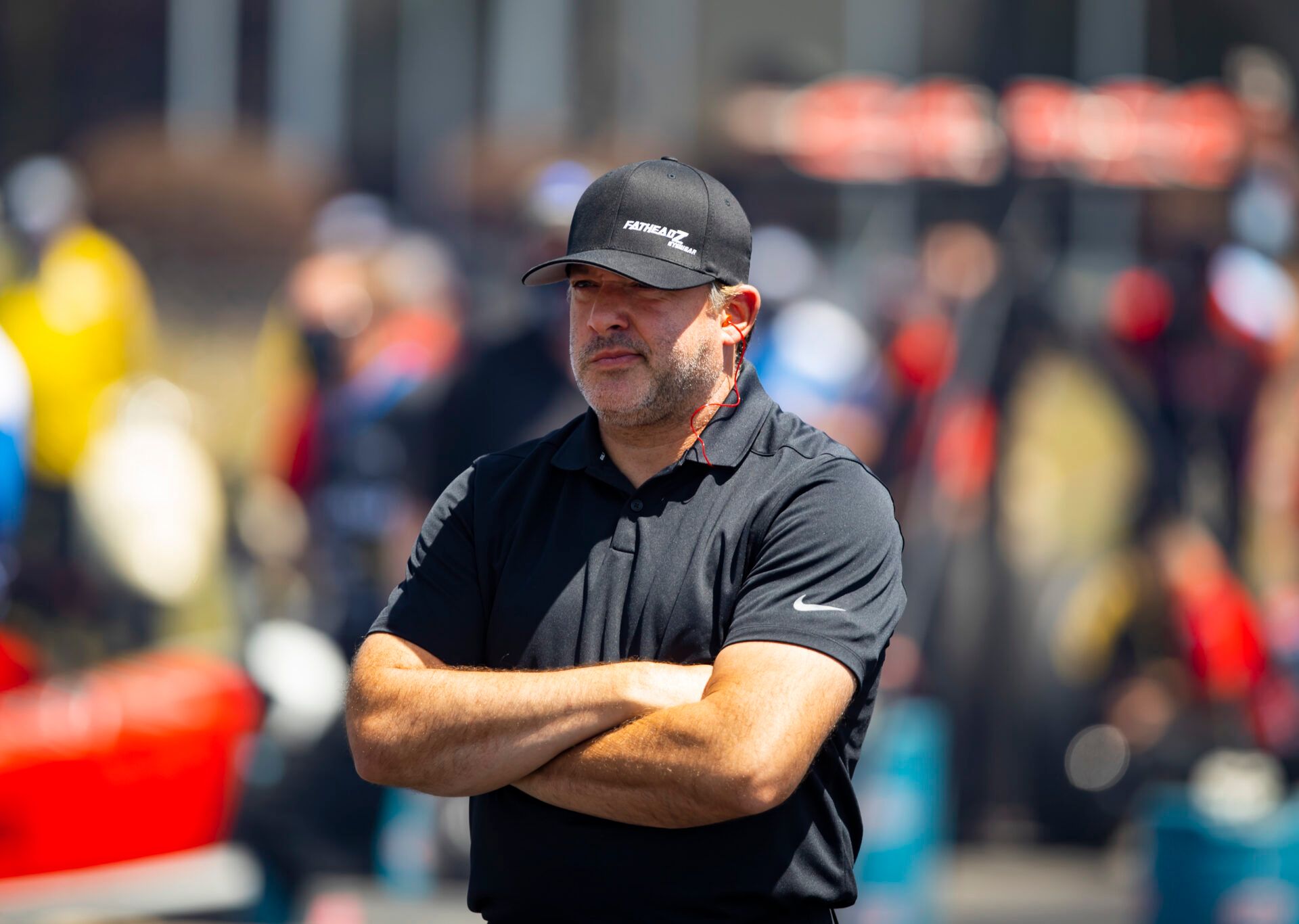 May 1, 2021; Commerce, Georgia, United States; Former NASCAR driver Tony Stewart watches fianc Leah Pruett (not pictured) race during qualifying for the Southern Nationals at Atlanta Dragway. Mandatory Credit: Mark J. Rebilas-USA TODAY Sports