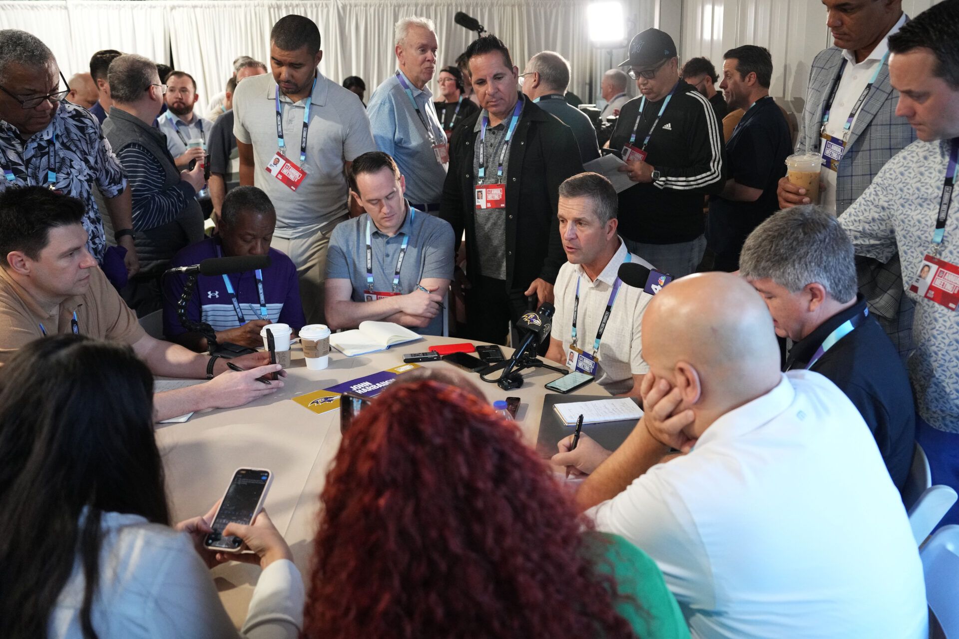 Mar 31, 2025; Palm Beach, FL, USA; Baltimore Ravens head coach John Harbaugh answers questions from the media during the NFL Annual League Meeting at The Breakers. Mandatory Credit: Jim Rassol-Imagn Images