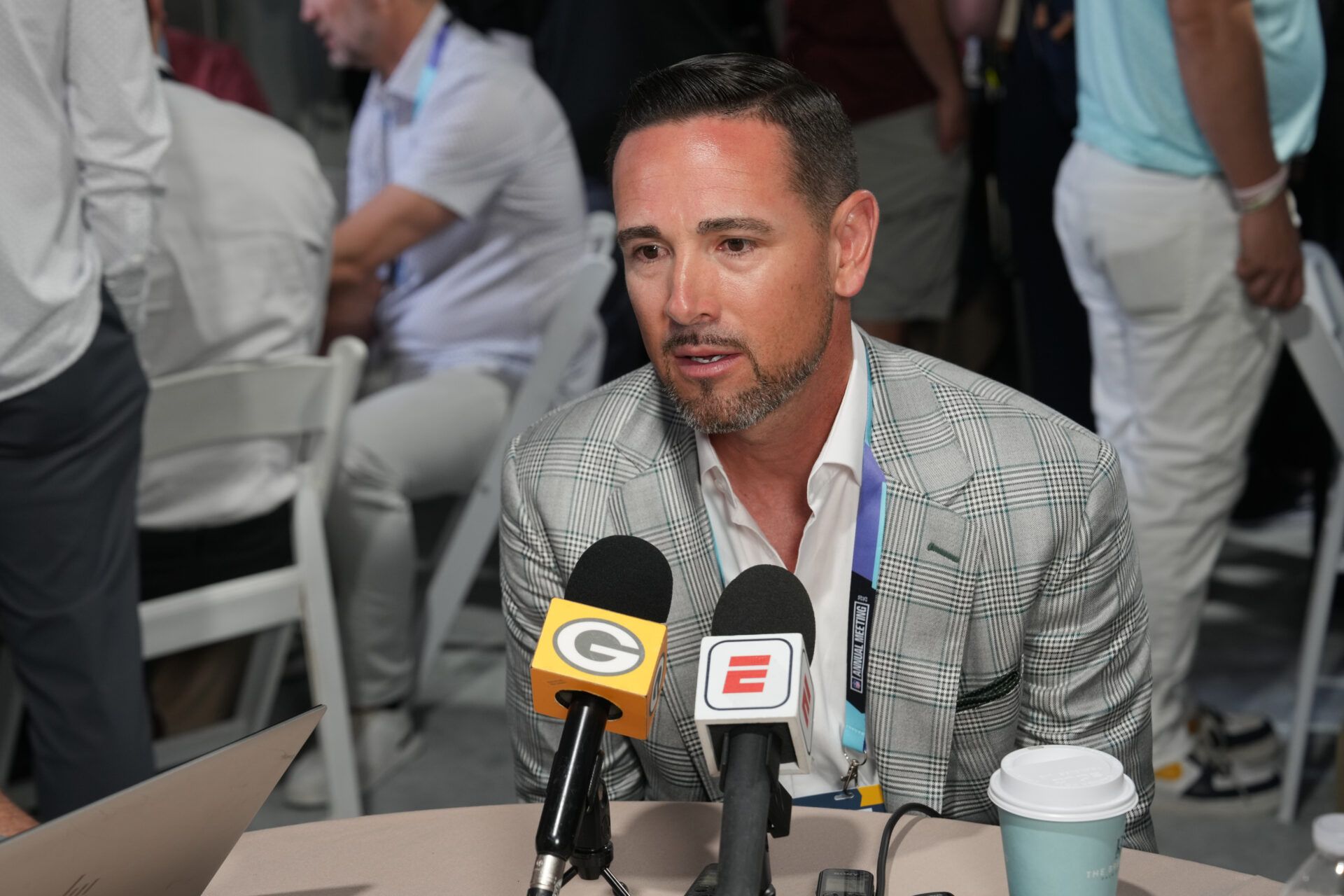 Apr 1, 2025; Palm Beach, FL, USA; Green Bay Packers head coach Matt LaFleur answers questions from the media during the NFL Annual League Meeting at The Breakers. Mandatory Credit: Jim Rassol-Imagn Images