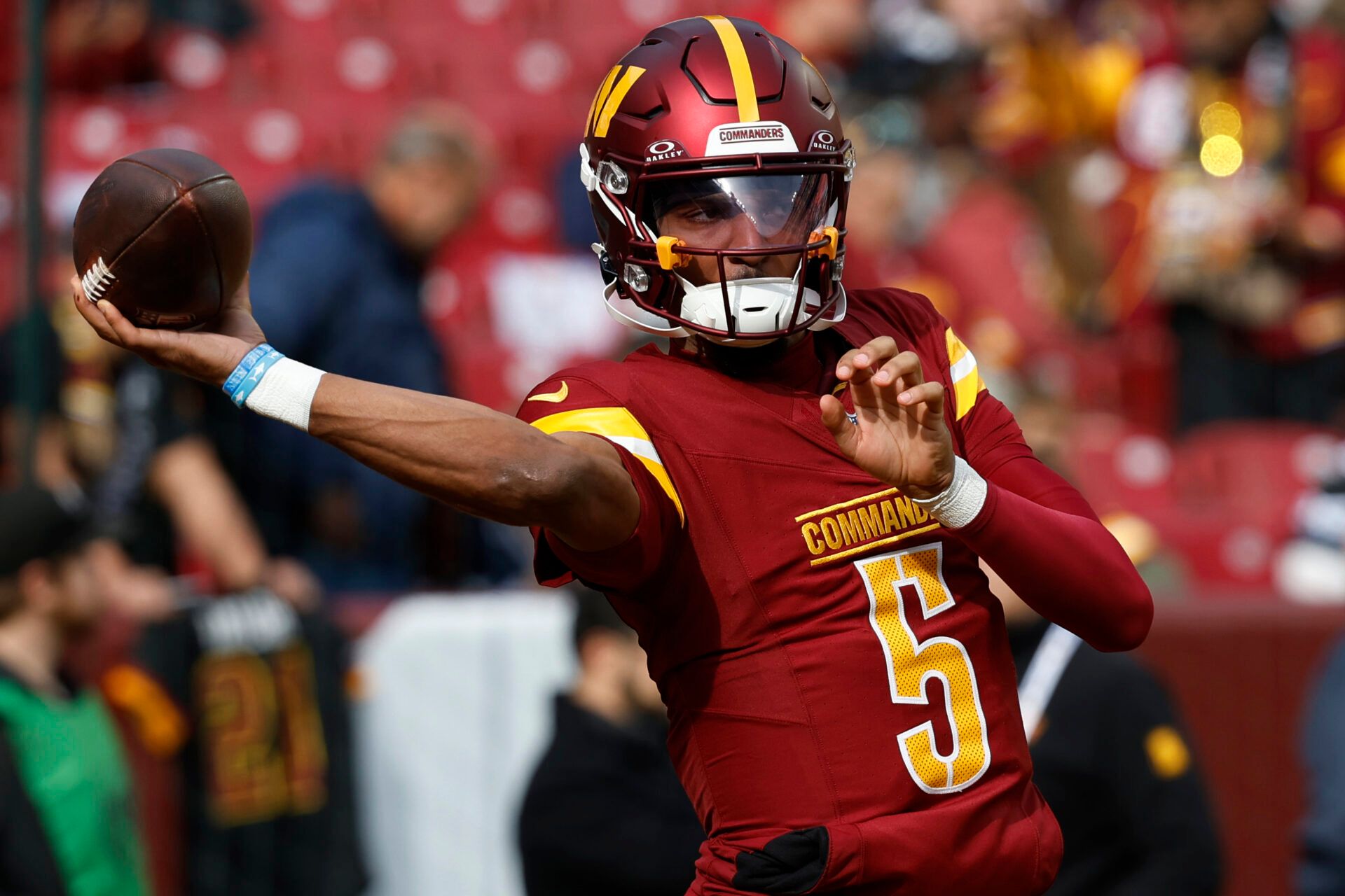 Nov 24, 2024; Landover, Maryland, USA; Washington Commanders quarterback Jayden Daniels (5) during warmups prior to the game against the Dallas Cowboys at Northwest Stadium. Mandatory Credit: Geoff Burke-Imagn Images