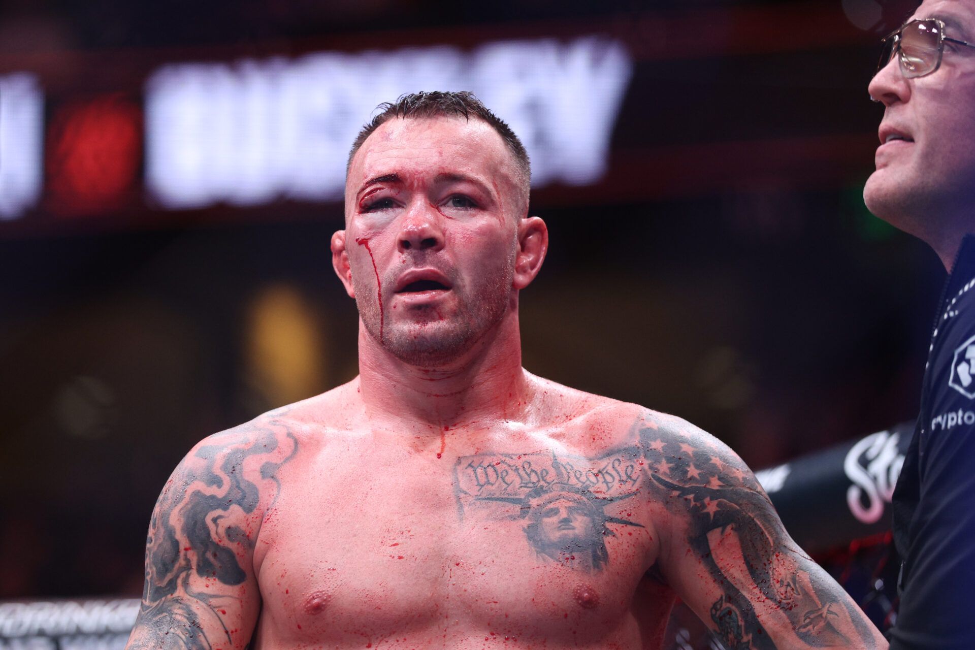 Dec 14, 2024; Tampa, Florida, UNITED STATES; Colby Covington (red gloves) reacts after the fight against Joaquin Buckley (blue gloves) at Amalie Arena. Mandatory Credit: Nathan Ray Seebeck-Imagn Images