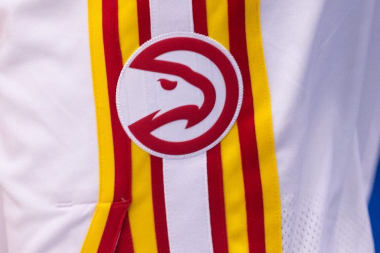 Detailed view of the Atlanta Hawks logo during warmups before the game against the New Orleans Pelicans at Smoothie King Center.