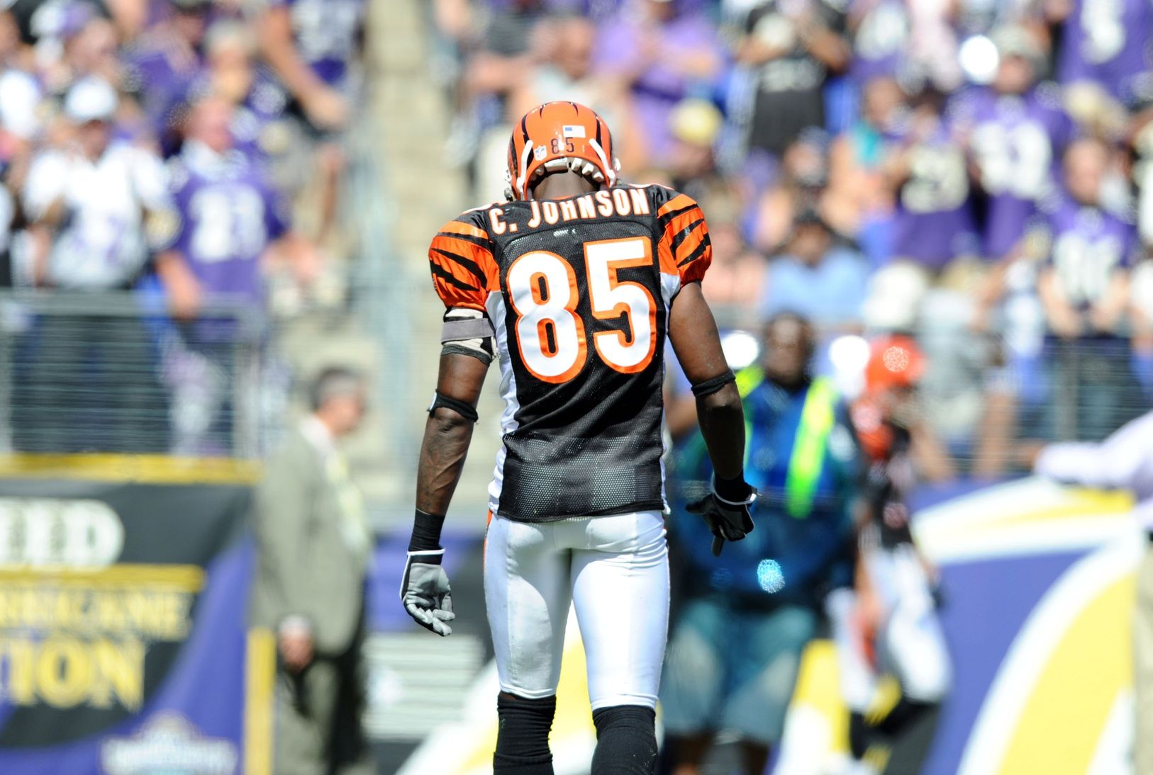 Cincinnati Bengals wide receiver Chad Johnson (85) during the first half against the Baltimore Ravens at M&T Bank Stadium. Chad Johnson legally changed his name to Chad Ocho Cinco but the NFL informed the Bengals that there are issues needed to be resolved before he can wear his new name on his jersey.