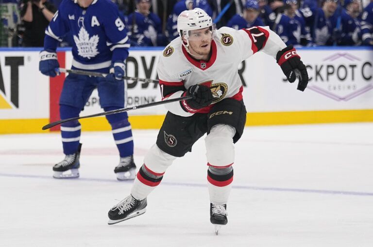 Ottawa Senators forward Ridly Greig (71) skates against the Toronto Maple Leafs during the second period of game one of the first round of the 2025 Stanley Cup Playoffs at Scotiabank Arena.