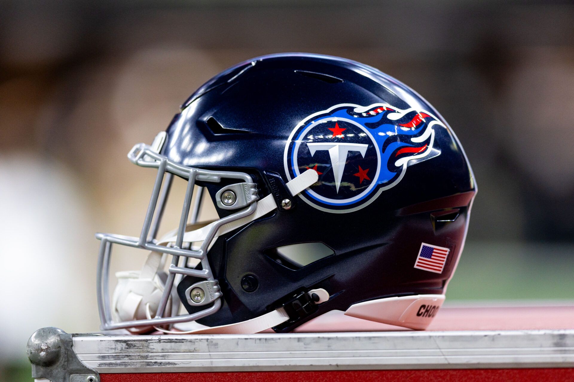 Aug 25, 2024; New Orleans, Louisiana, USA; Detailed view of the Tennessee Titans helmet against the New Orleans Saints during the first half at Caesars Superdome. Mandatory Credit: Stephen Lew-USA TODAY Sports