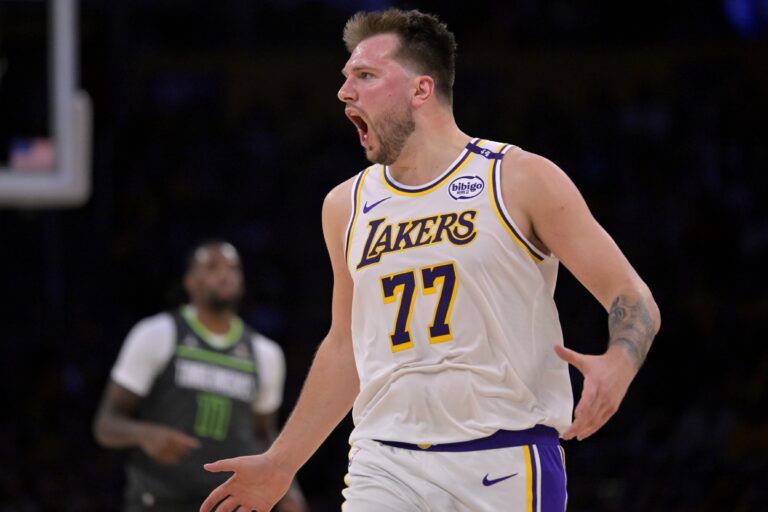 Los Angeles Lakers guard Luka Doncic (77) reacts after not getting a foul call in the second half against the Minnesota Timberwolves at Crypto.com Arena.