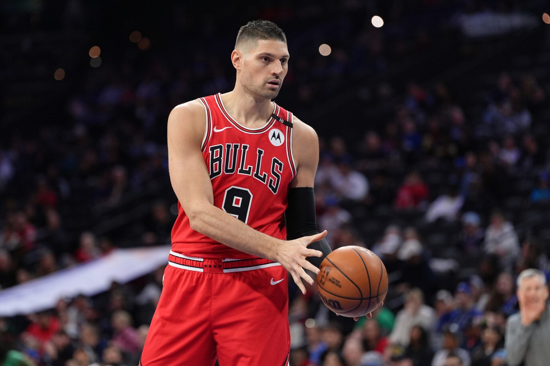 Chicago Bulls center Nikola Vucevic (9) receives a pass against the Philadelphia 76ers in the first quarter at Wells Fargo Center.