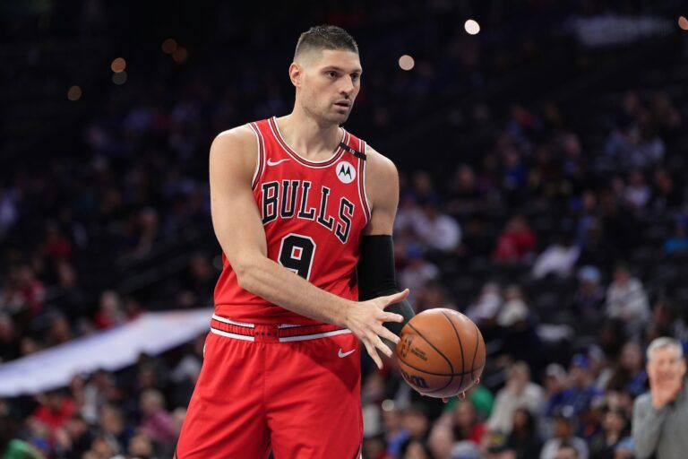 Chicago Bulls center Nikola Vucevic (9) receives a pass against the Philadelphia 76ers in the first quarter at Wells Fargo Center.