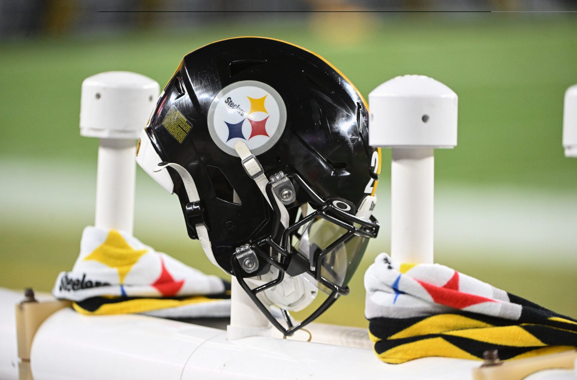 Oct 28, 2024; Pittsburgh, Pennsylvania, USA; A Pittsburgh Steelers helmet hangs on the heater post in a game against the New York Giants during the first quarter at Acrisure Stadium. Mandatory Credit: Barry Reeger-Imagn Images