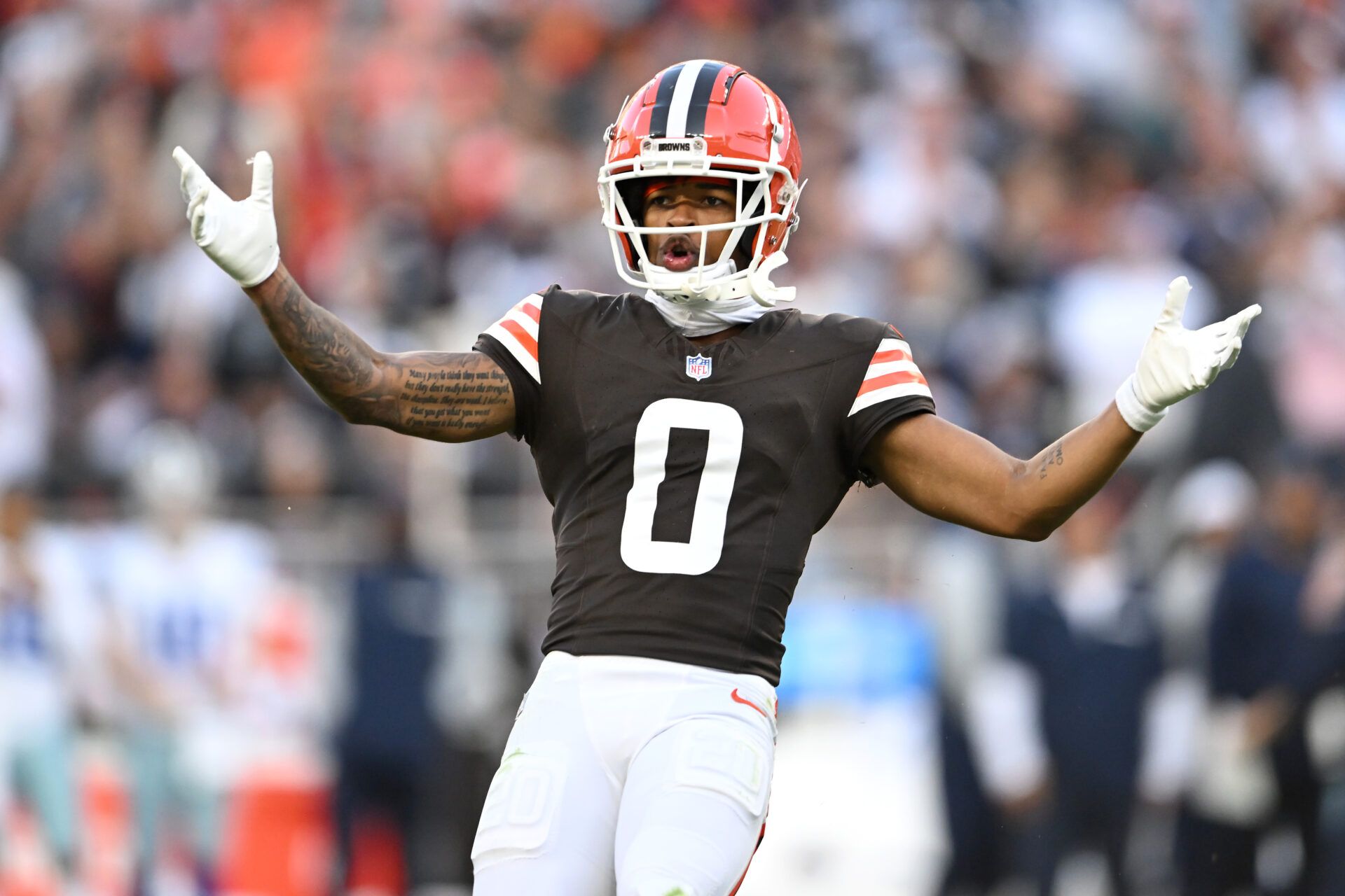 CLEVELAND, OHIO - SEPTEMBER 08: Greg Newsome II #0 of the Cleveland Browns reacts after breaking up a pass during the third quarter against the Dallas Cowboys at Cleveland Browns Stadium on September 08, 2024 in Cleveland, Ohio. (Photo by Nick Cammett/Getty Images)