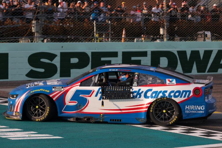 NASCAR Cup Series driver Kyle Larson (5) celebrates after winning the Straight Talk Wireless 400 at Homestead-Miami Speedway.