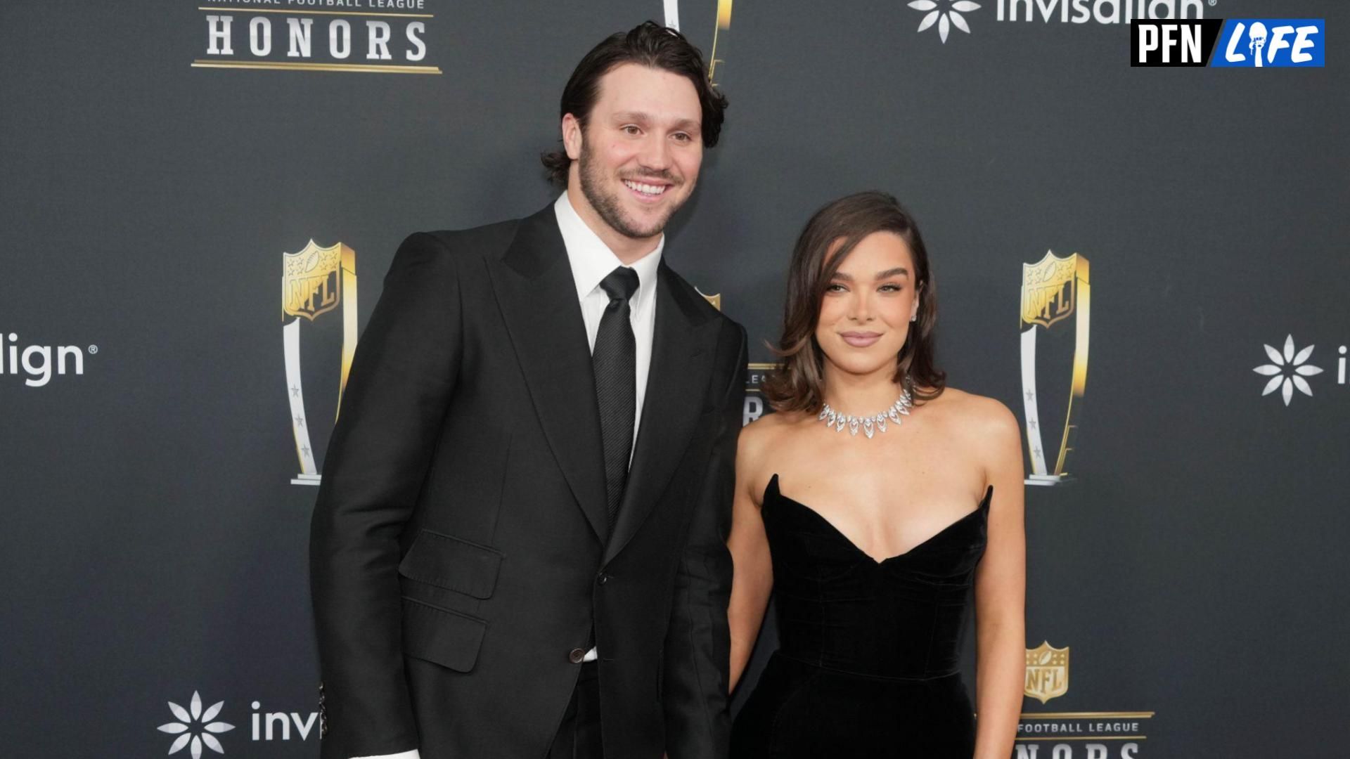 Josh Allen and Hailee Steinfeld on the red carpet before Super Bowl LIX NFL Honors at Saenger Theatre.