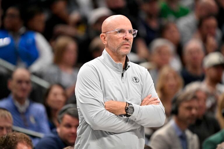 Apr 9, 2025; Dallas, Texas, USA; Dallas Mavericks head coach Jason Kidd looks on during the third quarter against the Los Angeles Lakers at the American Airlines Center. Mandatory Credit: Jerome Miron-Imagn Images
