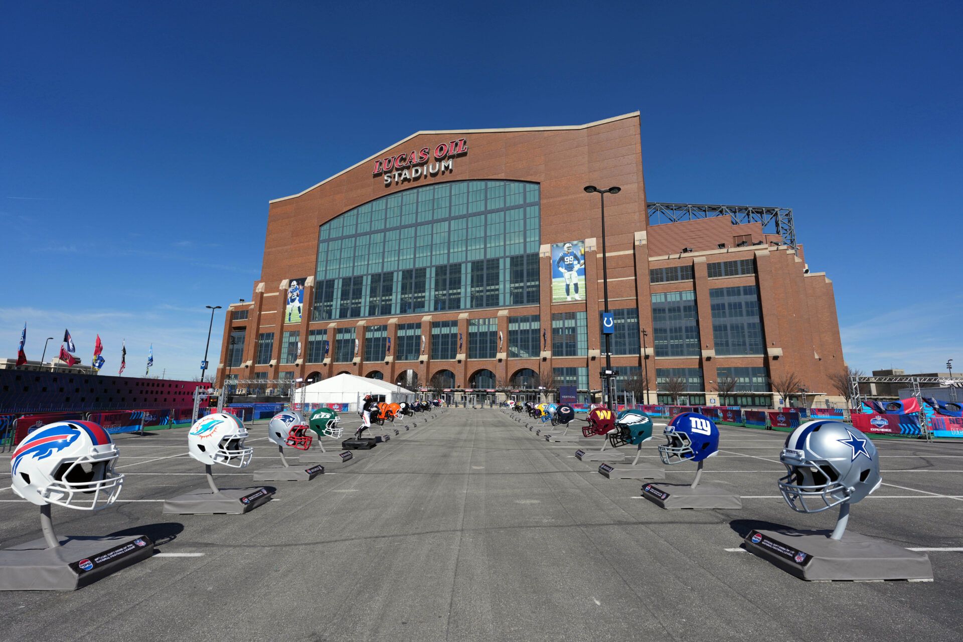 Feb 28, 2025; Indianapolis, IN, USA; A general overall view of large helmets at the 2025 NFL Scouting Combine Experience at Lucas Oil Stadium. Mandatory Credit: Kirby Lee-Imagn Images
