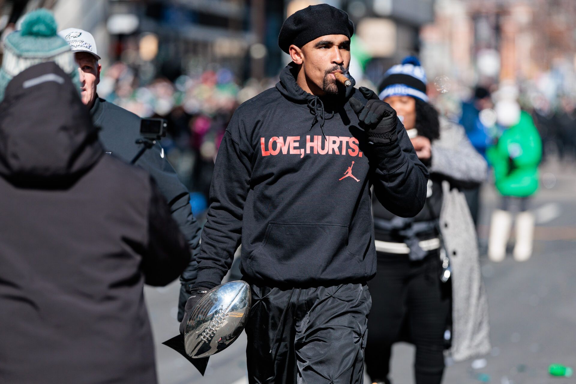 Feb 14, 2025; Philadelphia, PA, USA; Philadelphia Eagles quarterback Jalen Hurts (1) celebrates with the Lombardi Trophy during the Super Bowl LIX championship parade and rally. Mandatory Credit: Caean Couto-Imagn Images