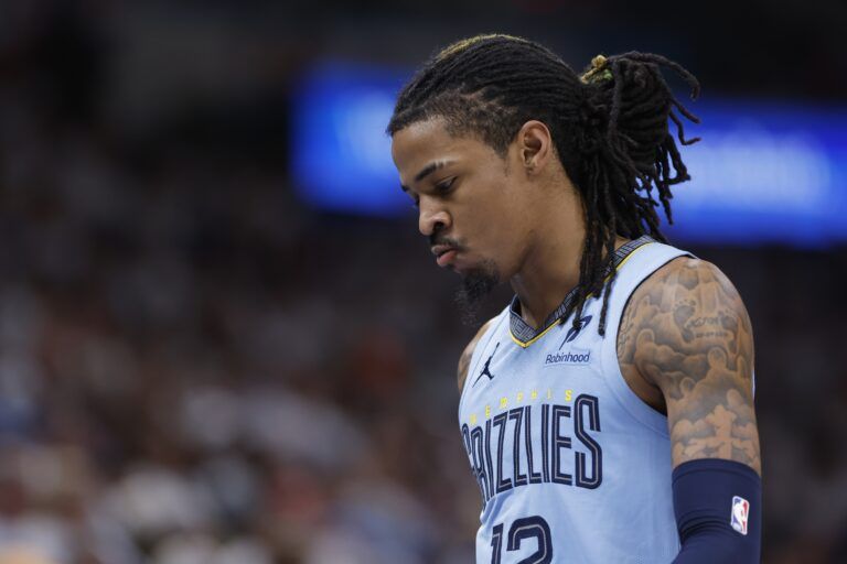 Memphis Grizzlies guard Ja Morant (12) walks off the court during the second half of a NBA playoffs game against the Oklahoma City Thunder at Paycom Center.