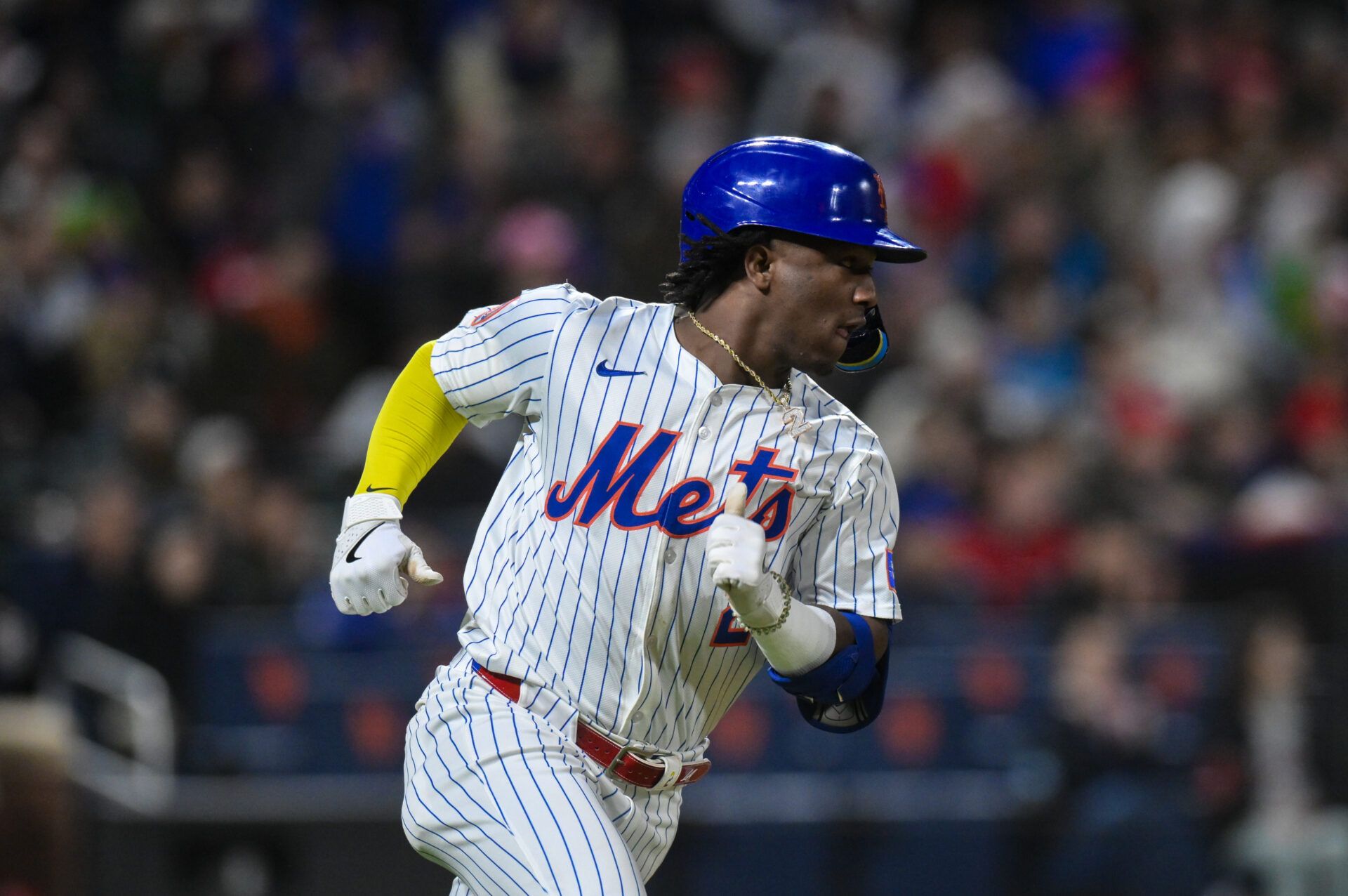 New York Mets second baseman Luisangel Acuña (2) hits a single against the Philadelphia Phillies during the seventh inning at Citi Field.