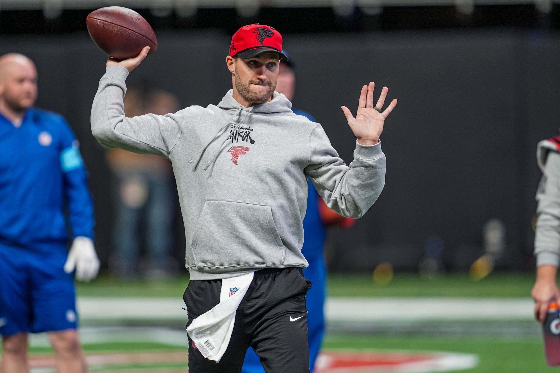Dec 22, 2024; Atlanta, Georgia, USA; Atlanta Falcons quarterback Kirk Cousins (18) warms up on the field prior to the game against the New York Giants at Mercedes-Benz Stadium. Mandatory Credit: Dale Zanine-Imagn Images