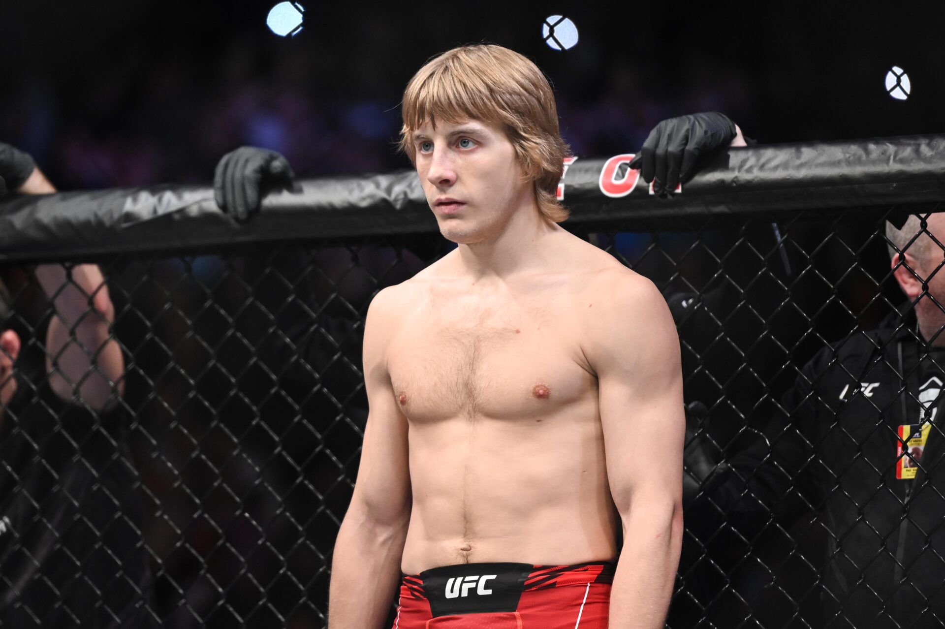 Mar 19, 2022; London, UK; Paddy Pimblett (red gloves) before his fight against Kazula Vargas (blue gloves) during UFC Fight Night at O2 Arena. Mandatory Credit: Per Haljestam-USA TODAY Sports