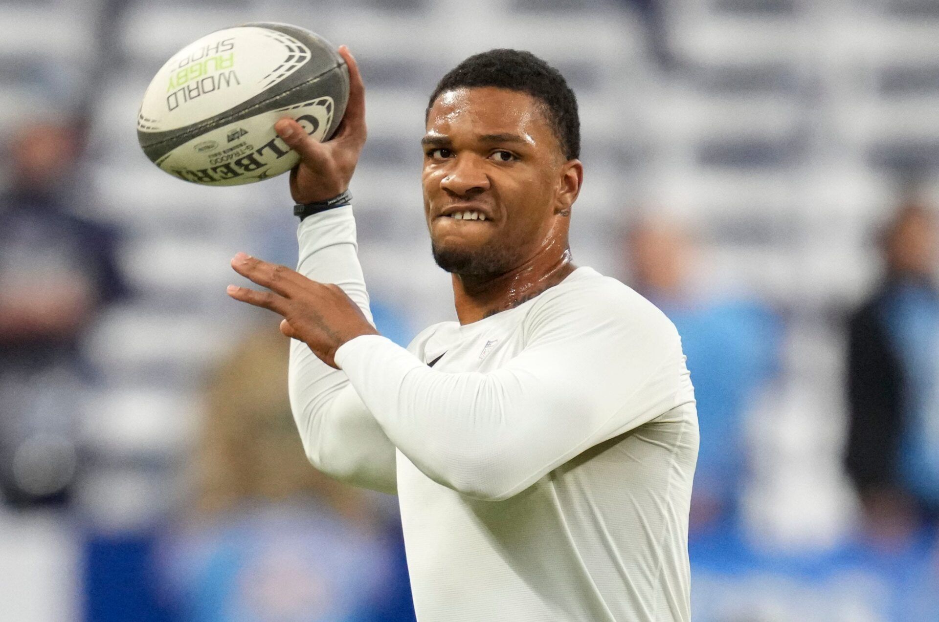 Indianapolis Colts quarterback Anthony Richardson (5) warms up before an Indianapolis Colts game against the Tennessee Titans on Sunday, Dec. 22, 2024, at Lucas Oil Stadium in Indianapolis.