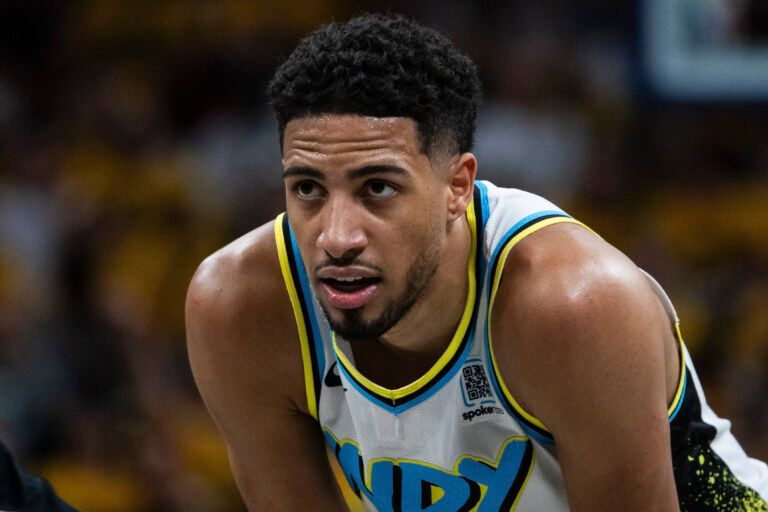 Apr 19, 2025; Indianapolis, Indiana, USA; Indiana Pacers guard Tyrese Haliburton (0) in the first half against the Milwaukee Bucks at Gainbridge Fieldhouse. Mandatory Credit: Trevor Ruszkowski-Imagn Images