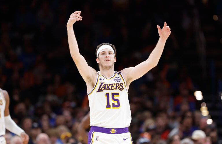 Apr 6, 2025; Oklahoma City, Oklahoma, USA; Los Angeles Lakers guard Austin Reaves (15) gestures after scoring against the Oklahoma City Thunder during the second half at Paycom Center. Mandatory Credit: Alonzo Adams-Imagn Images