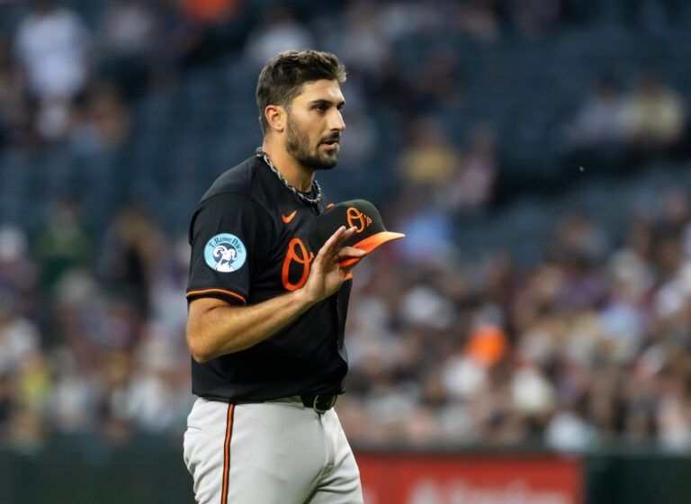 Apr 7, 2025; Phoenix, Arizona, USA; Baltimore Orioles pitcher Zach Eflin in the first inning against the Arizona Diamondbacks at Chase Field. Mandatory Credit: Mark J. Rebilas-Imagn Images