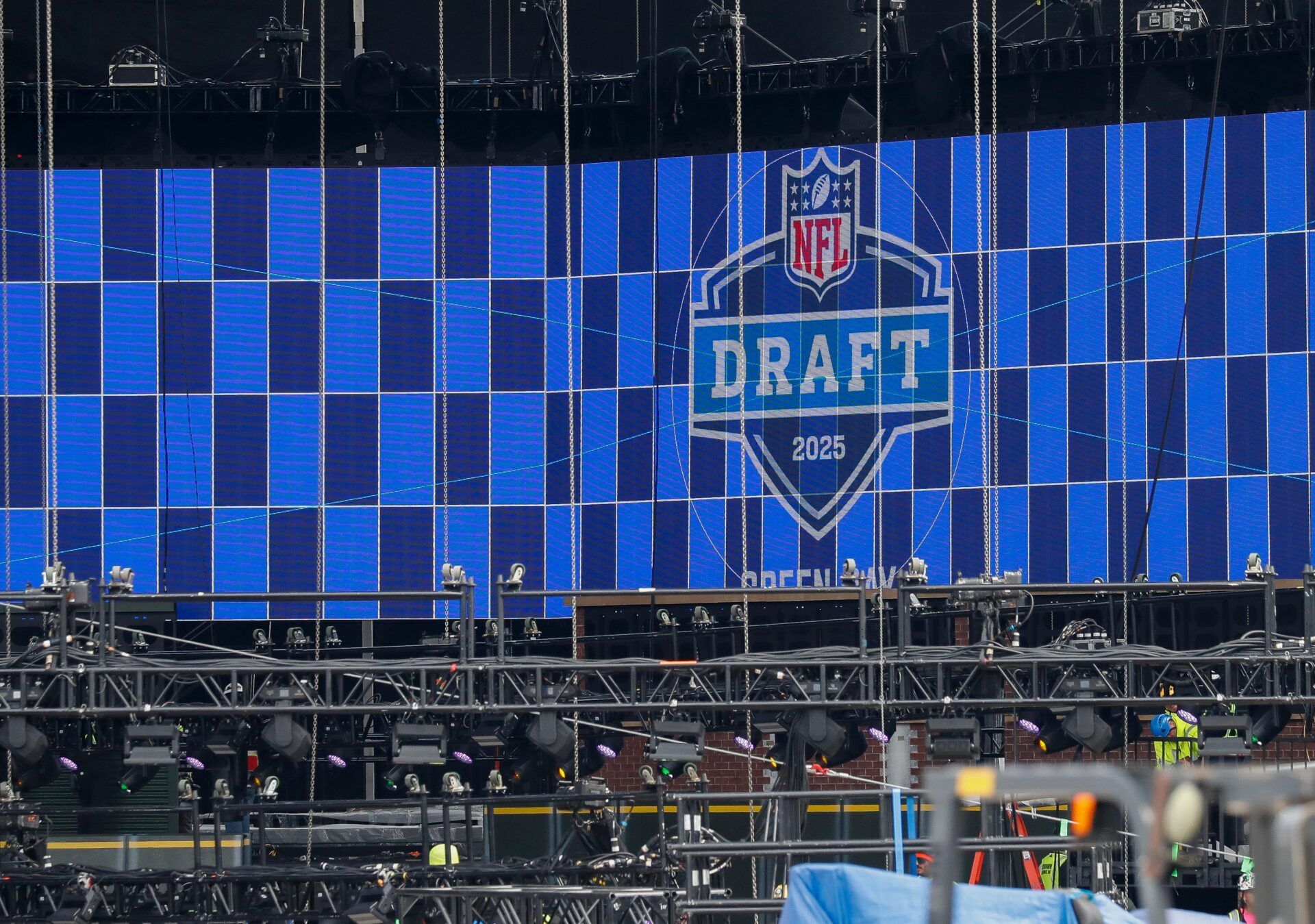 A video board displays the 2025 NFL Draft logo as the NFL Draft Theater is under construction on Thursday, April 17, 2025, at Lambeau Field in Green Bay, WI. The 2025 NFL Draft will be held April 24-26. Tork Mason/USA TODAY NETWORK-Wisconsin