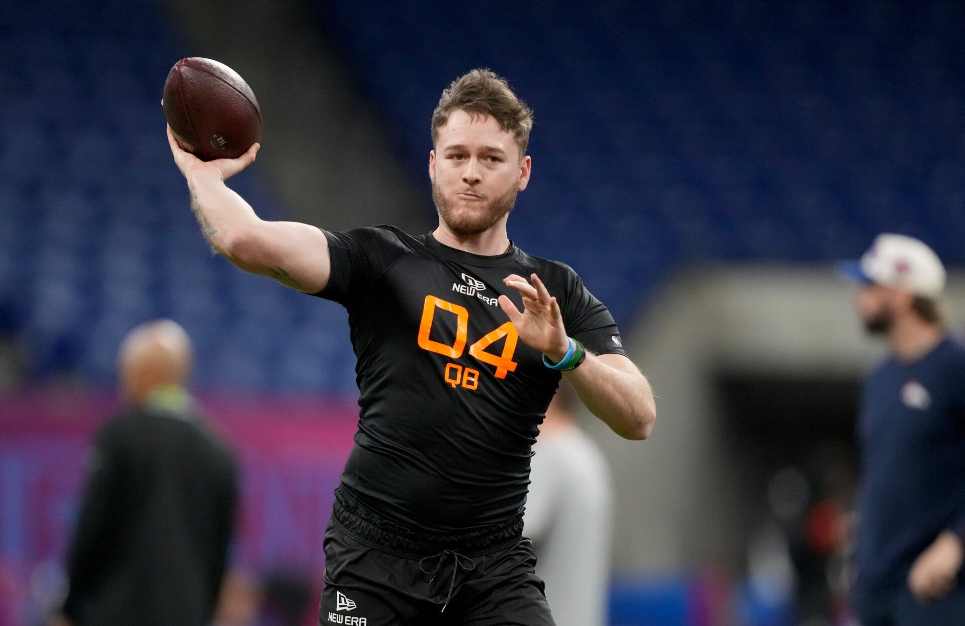Texas quarterback Quinn Ewers (QB04) during the 2025 NFL Combine at Lucas Oil Stadium.
