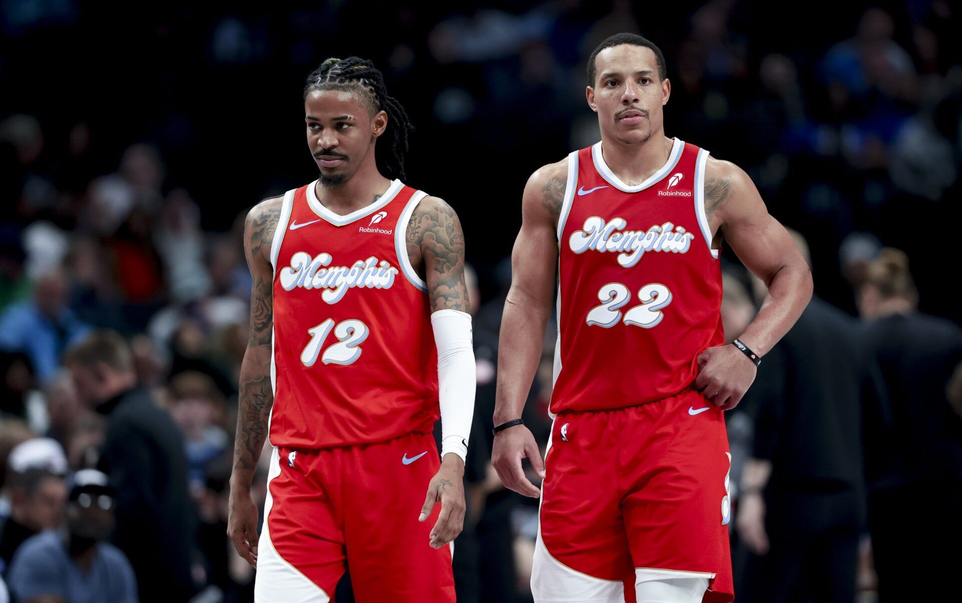 Memphis Grizzlies guard Ja Morant (12) and Memphis Grizzlies guard Desmond Bane (22) against the Dallas Mavericks during the second half at American Airlines Center.