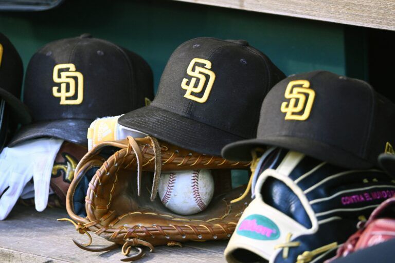 San Diego Padres hats in the dugout during the game against the Washington Nationals at Nationals Park.