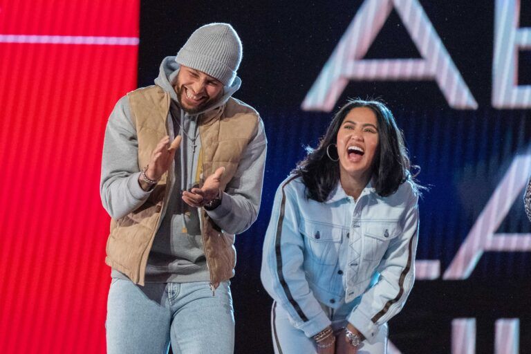 February 19, 2022; Cleveland, OH, USA; Golden State Warriors guard Stephen Curry (30) and wife Ayesha Curry (right) during the 2022 NBA All-Star Saturday Night at Rocket Mortgage Field House. Mandatory Credit: Kyle Terada-USA TODAY Sports