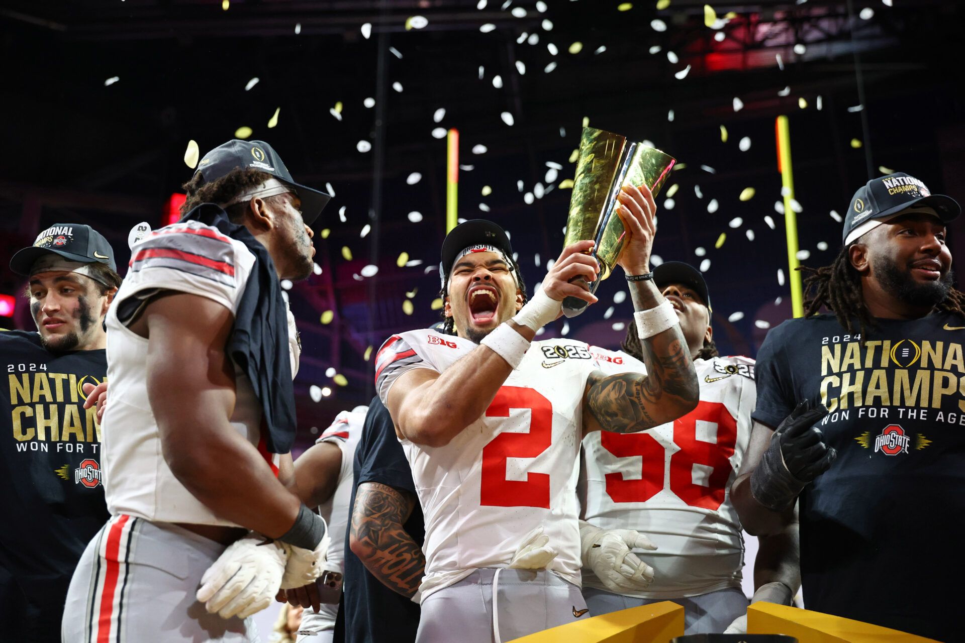 Jan 20, 2025; Atlanta, GA, USA; Ohio State Buckeyes wide receiver Emeka Egbuka (2) celebrates after winning against the Notre Dame Fighting Irish in the CFP National Championship college football game at Mercedes-Benz Stadium. Mandatory Credit: Mark J. Rebilas-Imagn Images